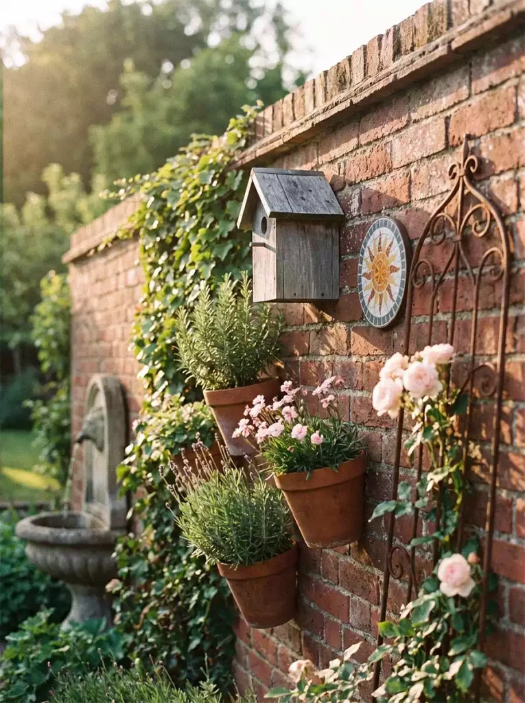 Red brick garden wall with a wooden birdhouse, sun plaque, terracotta planters, and a metal trellis supporting pale roses