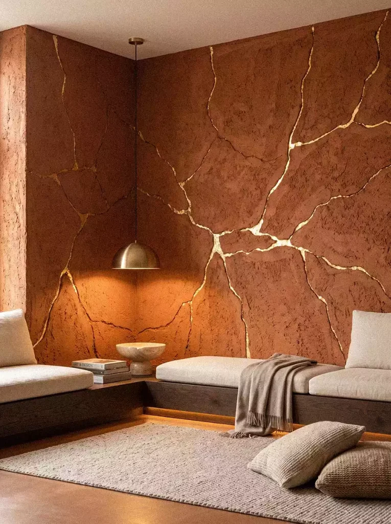 Rough terracotta-colored corner walls crossed by branching gold-colored lines behind cushioned seating
