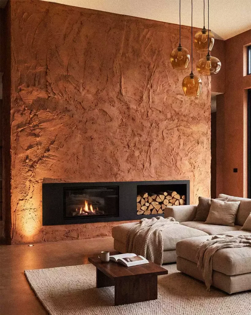 Rough terracotta-colored feature wall surrounding a fireplace beside a beige sofa