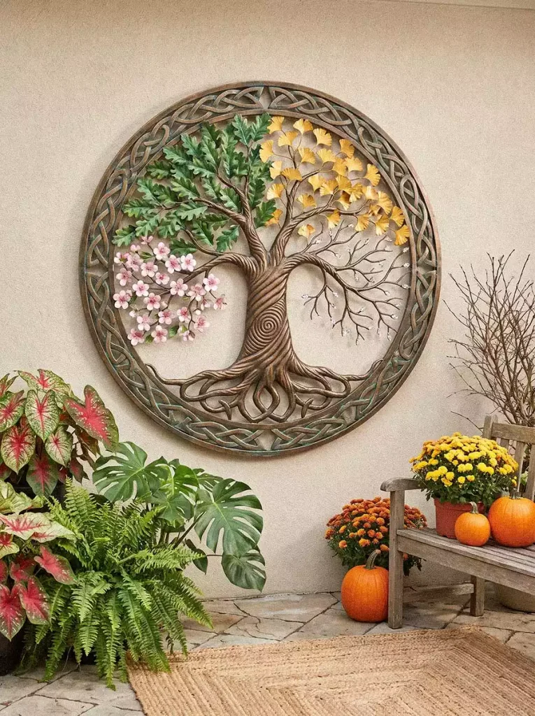 Round metal tree of life wall art with pink blossoms, green and yellow leaves, surrounded by plants and pumpkins