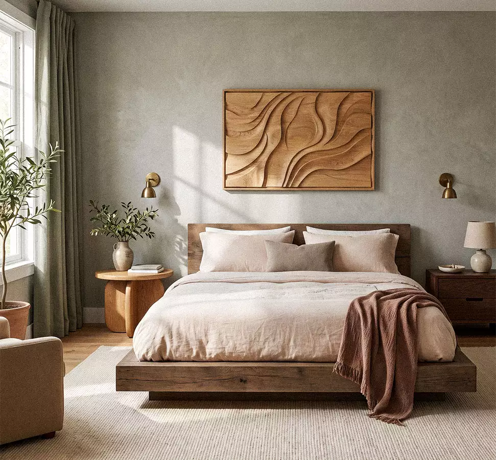 Sage Limewash Wall With Carved Wood Art