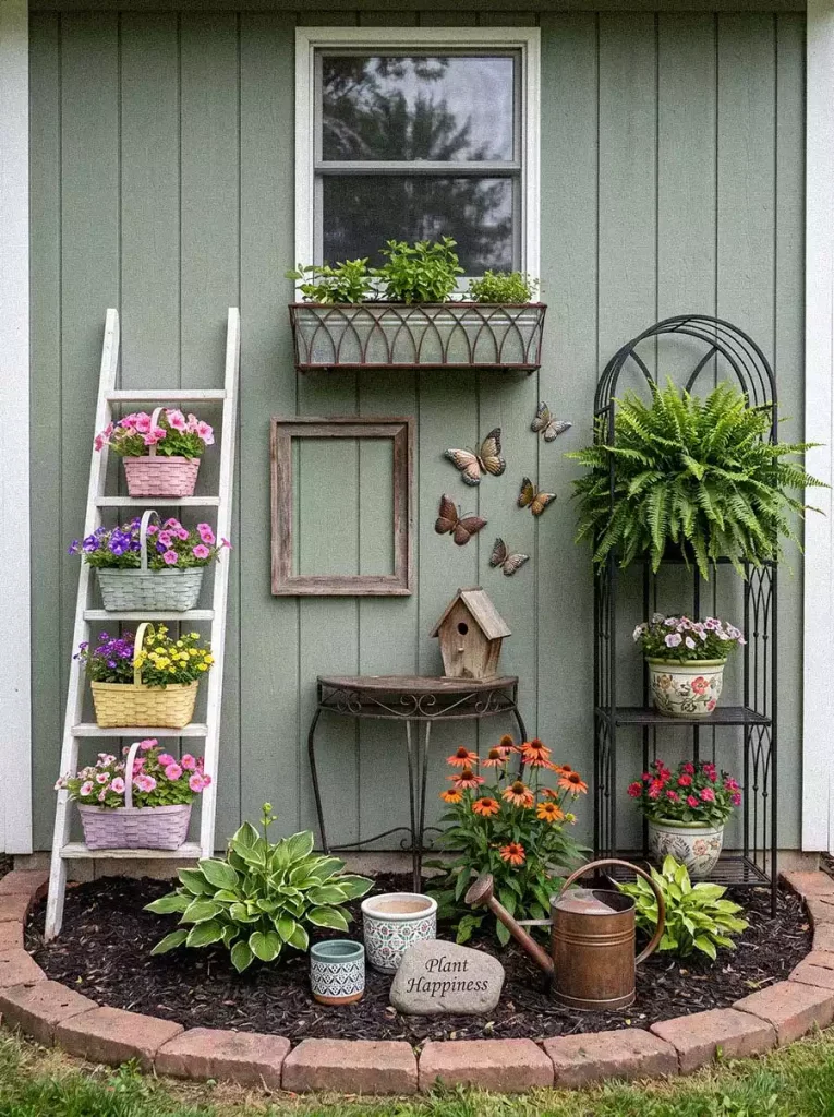 Sage-green garden wall decor with a white ladder planter, metal butterflies, an empty wooden frame, birdhouse, and fern