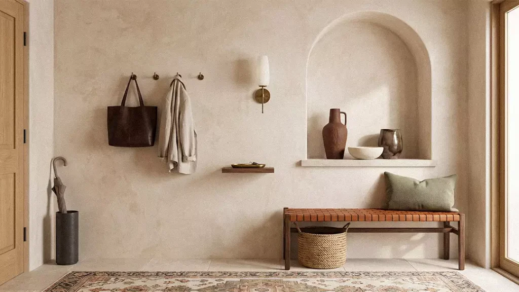 Sandy Limewash Wall With Arched Niche