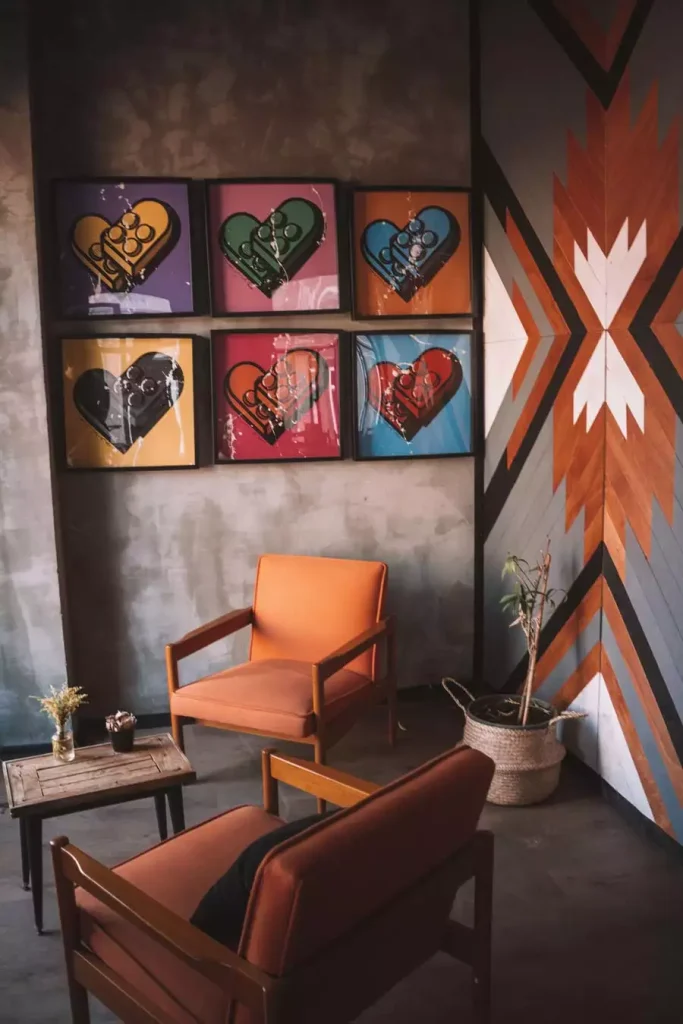 Six colorful toy-brick heart prints form a two-by-three grid above an orange armchair beside a large geometric wall mural