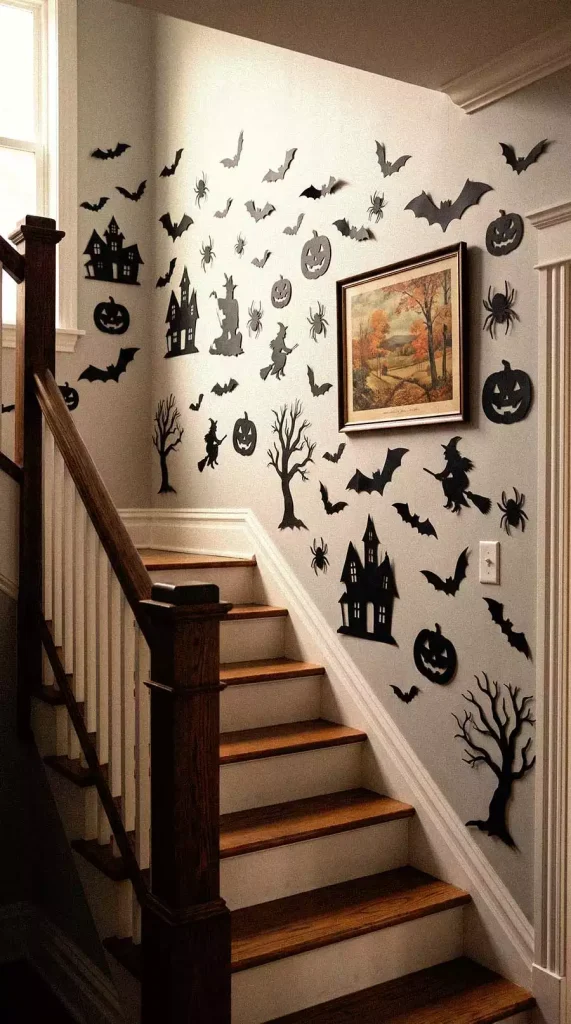 Staircase walls covered with Halloween silhouettes of witches, haunted houses, bats, spiders, pumpkins, and bare trees