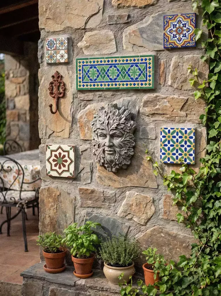 Stone garden wall decor featuring a leafy face sculpture, colorful patterned tiles, and potted herbs below