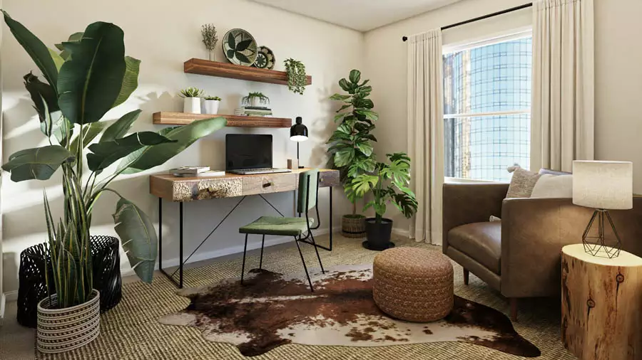 Study Room Wall Shelves With Small Plants And Round Decorations Above A Desk Beside An Armchair
