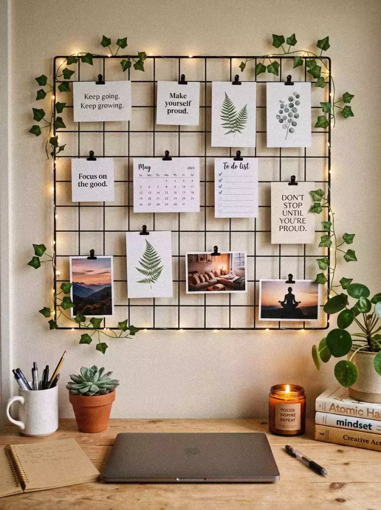 Study Wall Decor With A Black Wire Grid Clipped Prints Photos A Calendar Trailing Greenery And String Lights