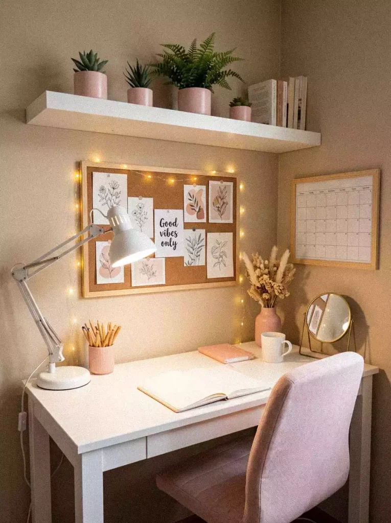 Study Wall Decor With A Corkboard Edged In String Lights A Wall Calendar And A Plant Shelf Above A White Desk