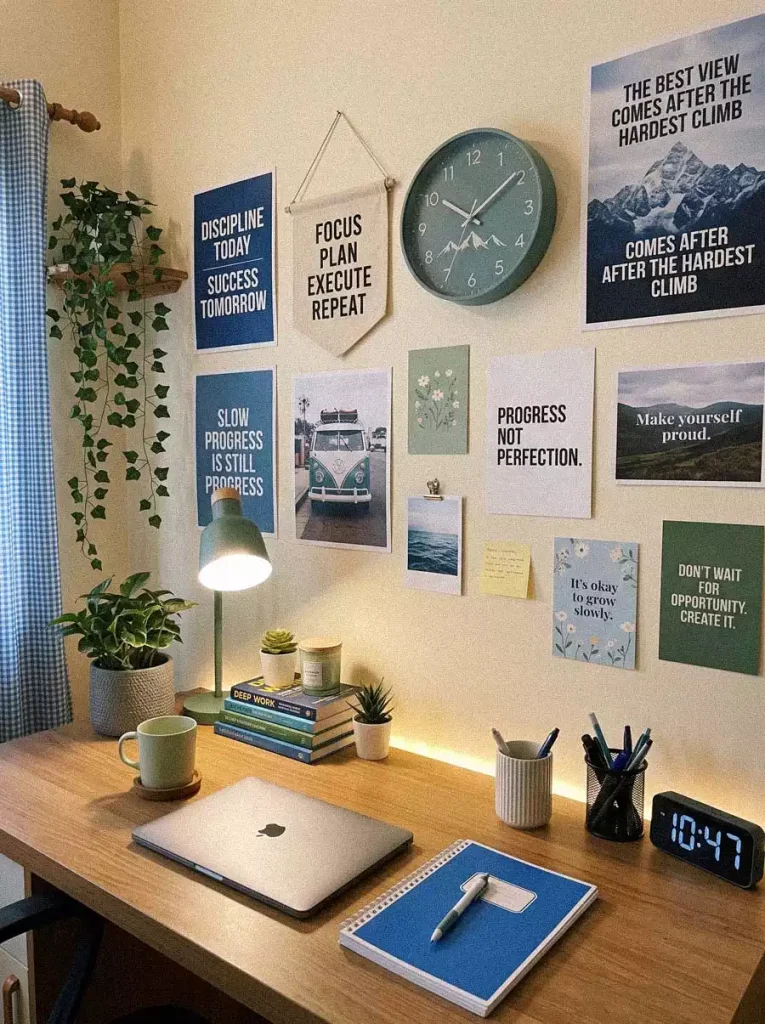 Study Wall Decor With Motivational Prints And A Round Clock Above A Wooden Desk With Plants And A Closed Laptop