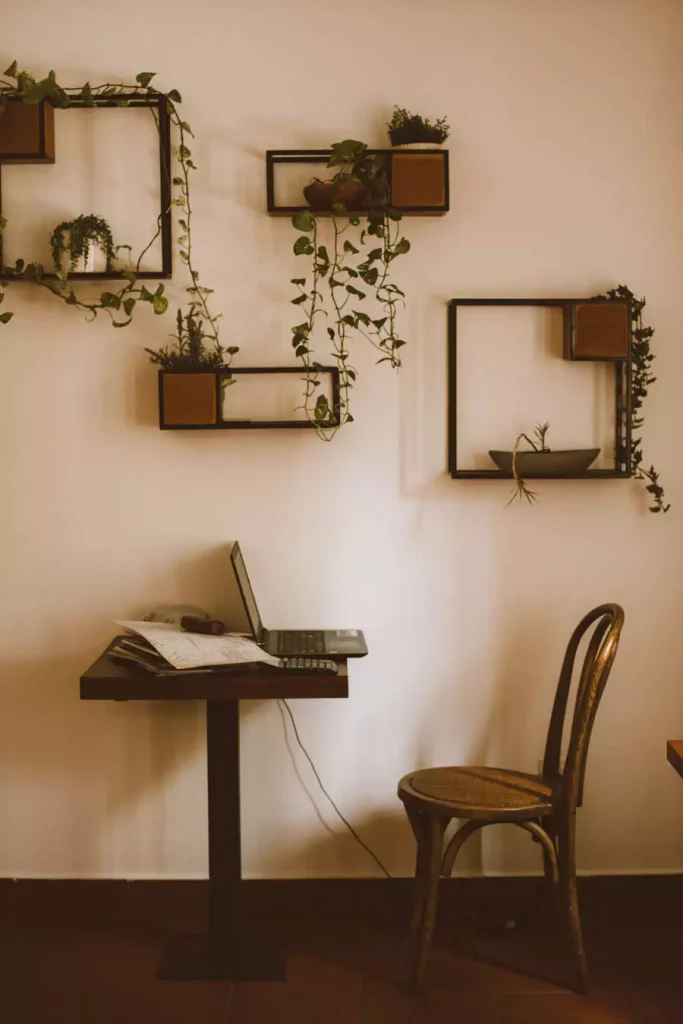 Study Wall Decor With Rectangular Shelves Potted Plants And Trailing Greenery Above A Small Dark Desk
