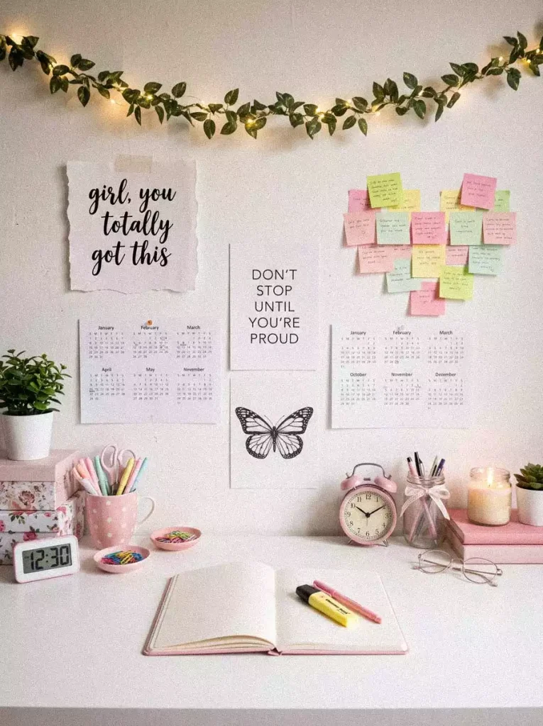 Study Wall Display With Motivational Prints Calendars Colorful Sticky Notes And A Leafy Garland Above A White Desk