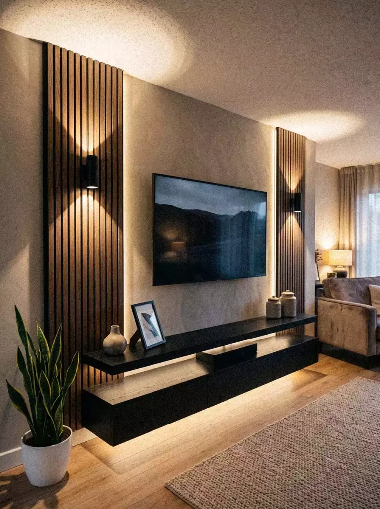 TV wall decor with wood slat panels, black sconces, and a floating console