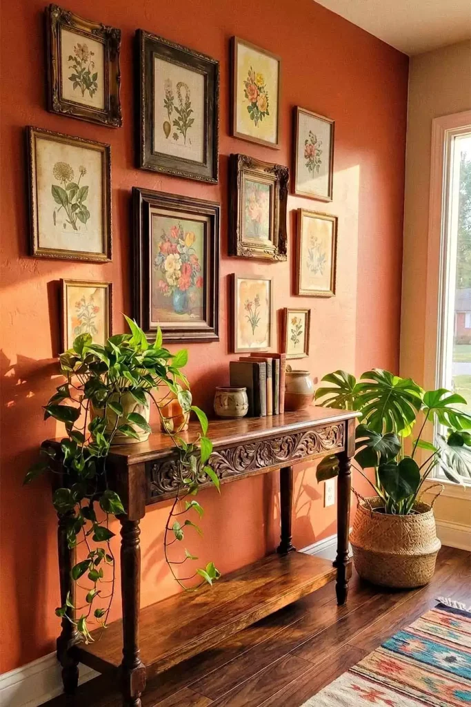 Terracotta entryway wall with a botanical gallery above a carved wooden console and leafy plants