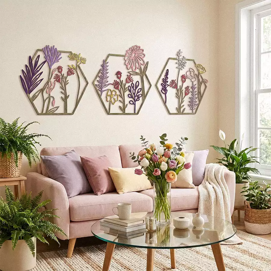 Three geometric floral wall art panels above a blush pink sofa