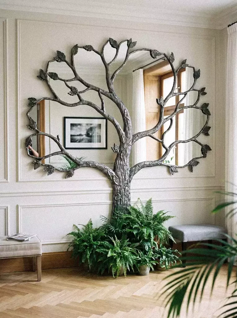 Tree-shaped wall mirror with metallic branches and leafy plants at its base