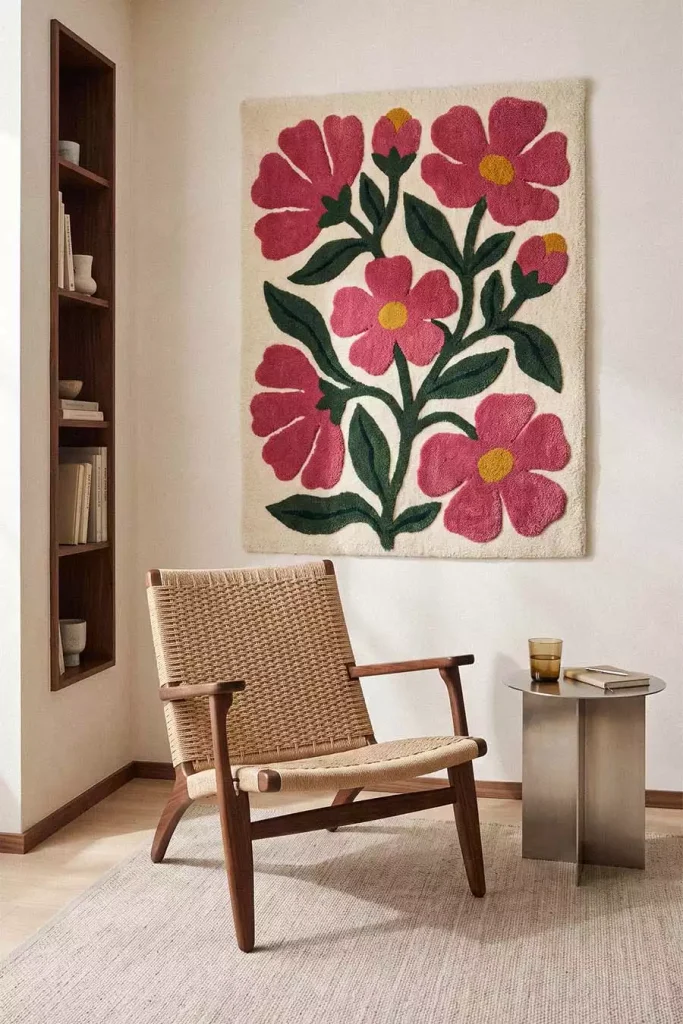 Tufted pink floral wall hanging with green leaves above a woven lounge chair