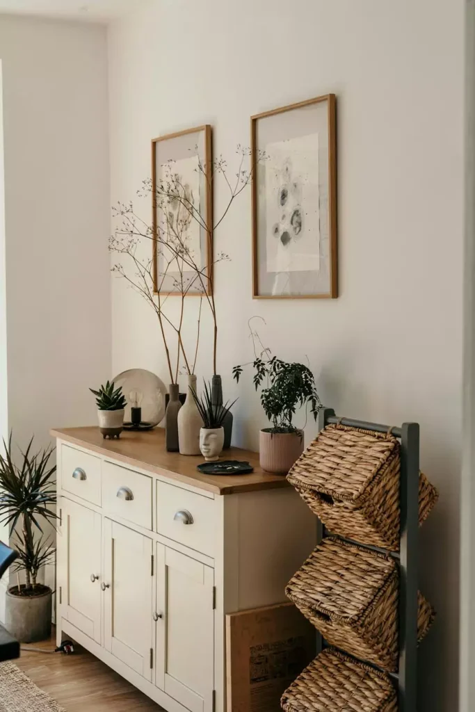 Two framed abstract prints above a cream cabinet with potted plants, branch filled vases, and stacked woven baskets