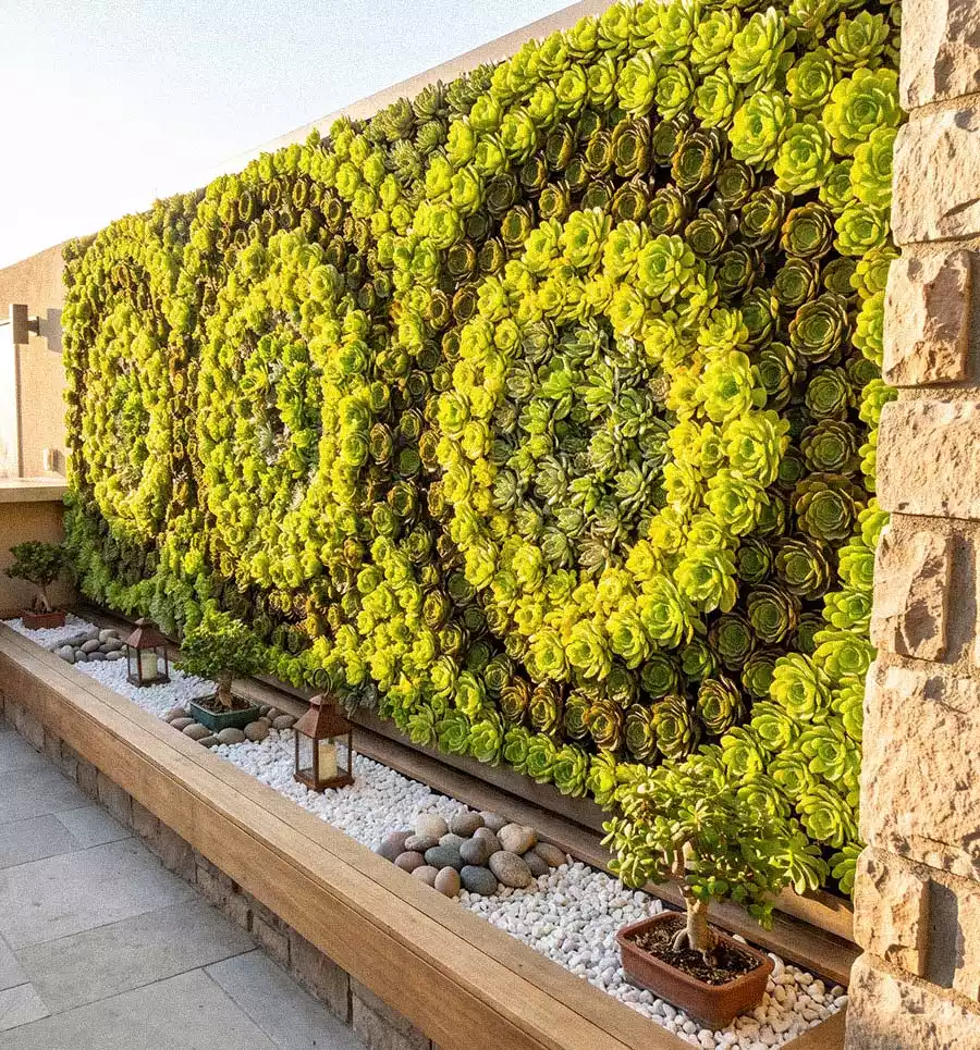 Vertical succulent wall with contrasting green spiral patterns above a raised bed of white gravel, lanterns, and potted plants