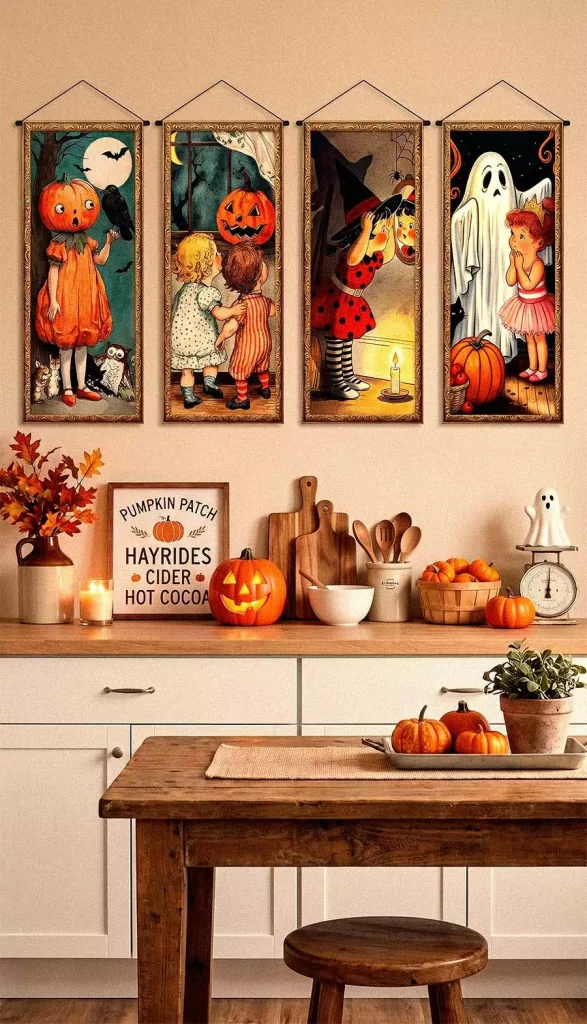Vintage Halloween wall decor with four illustrated scrolls above a rustic kitchen counter filled with pumpkins
