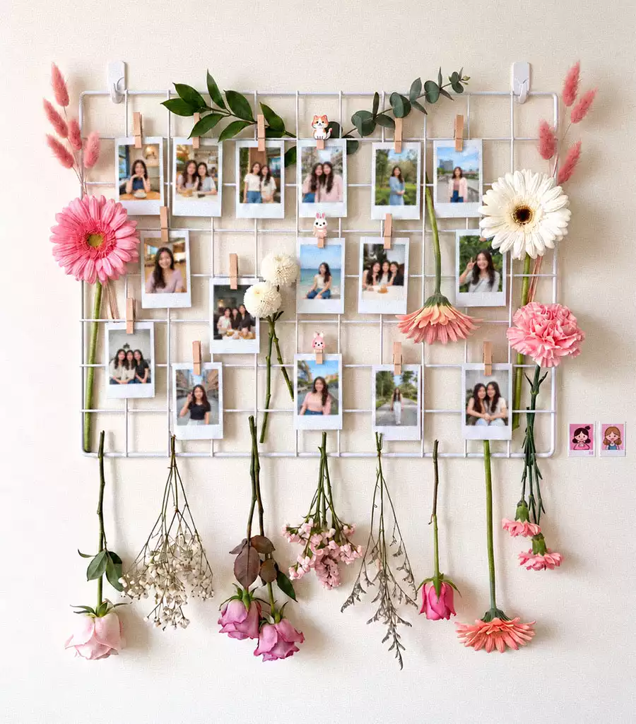 White wire photo grid decorated with pink and white flowers